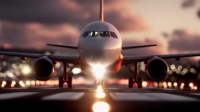 Travel trip journey. A vivid portrayal of an airplane taking off from an airport runway at sunset. The airplane is the main subject, with its landing gear down, revealing its engines.