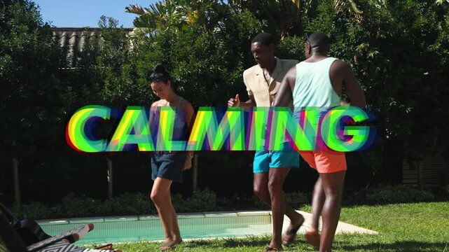 Three adults responding to pulsing CALMING text, stepping and high-fiving beside pool for wellness
