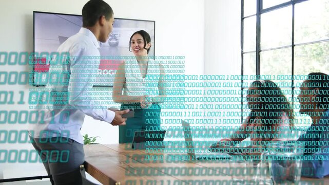 Presenter leading business, male entering handing tablet, team working, binary overlay on display