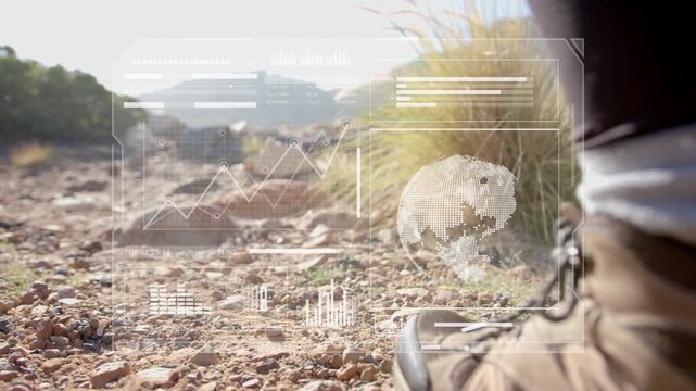 Female hiker stepping on rocky trail, tech HUD overlaying path and charts tracking route progress