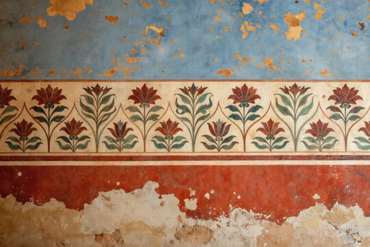 Ancient wall painting shows red flowers and green leaves in repeating pattern. Faded blue plaster sky above shows gold texture. Old worn stucco base below has red color.