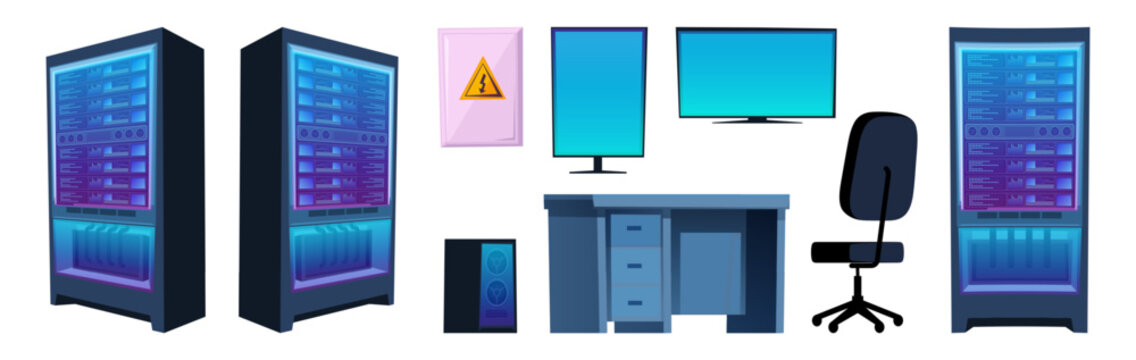 Modern office workspace featuring servers computers monitors desk chair and warning sign illustration