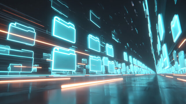 digital artwork showing luminous blue folder icons forming organized structure in space, central motion created by bright flowing lines resembling data highways curving toward horizon, glowing 
