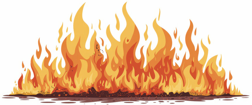 Bright orange and yellow fire flames burning on the ground isolated on a white background