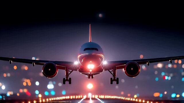 Travel trip journey. A vivid nighttime scene depicts an airplane taking off from an airport runway. The airplane is the main subject, with its wings spread wide and landing gear extended.