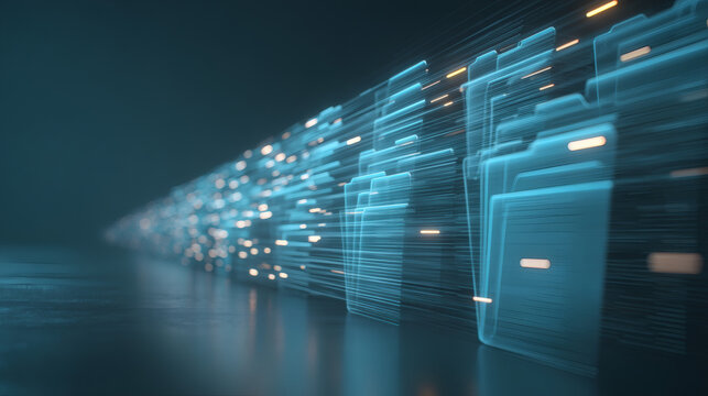 high speed data transfer scene with holographic blue folders clustered on left, bright white and blue light streaks burst outward forming layered motion paths, perspective lines converge into 
