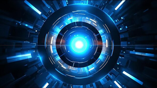 青く光る円が回転する未来的なテクノロジー背景動画