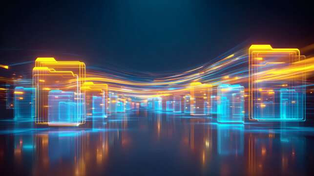 visualization of cloud based file system with luminous blue folders floating above reflective surface, energetic streaks of light create sweeping motion paths symbolizing rapid data exchange, 