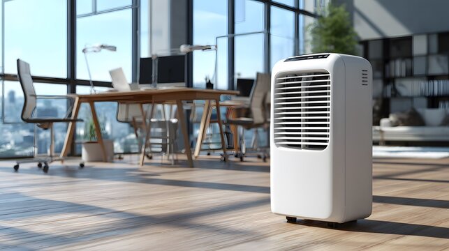 Portable mobile air conditioner in office interior.