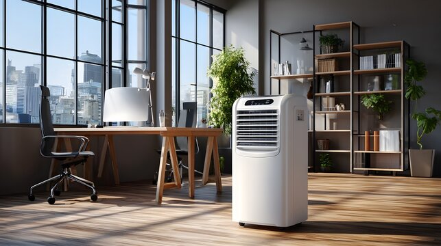 Portable mobile air conditioner in office interior.