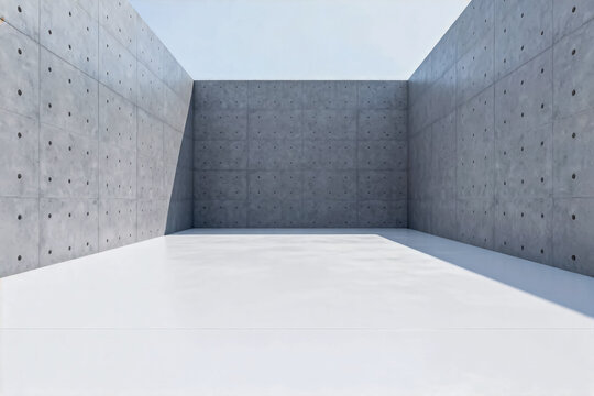 This is a minimalist indoor architectural space featuring exposed concrete walls with pre-drilled holes, smooth light-colored flooring, and natural overhead lighting casting distinct shadows.