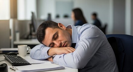 Fototapeta premium Exhausted young man sleeping at office desk due to burnout and overwork