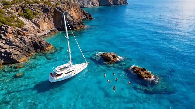 Sailboat and swimmers in clear blue water