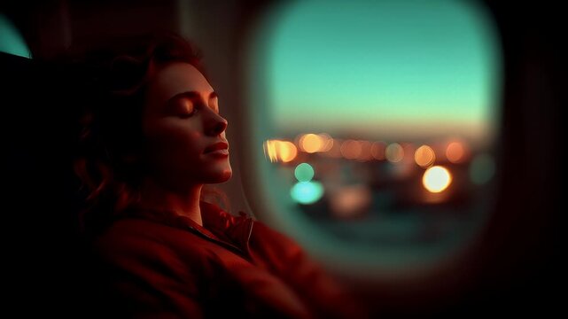 Travel trip journey. A vivid portrayal of a woman seated in an airplane, captured in a side profile with her eyes closed. The setting sun casts a warm, golden hue over the scene.