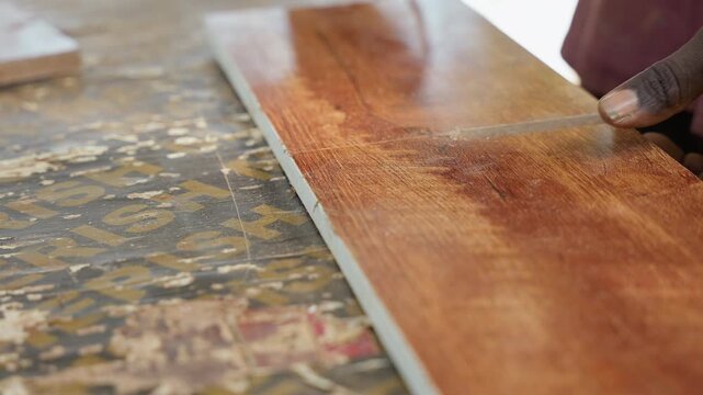 Black carpenter drilling hardwood plank, carpentry task with steady hands guiding electric drill creating clean pilot holes, sawdust scattering across worn workbench, warm light accentuating rich