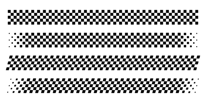 Race flag checker lines set, rally border texture, black and white finish ribbon, car race track grid pattern