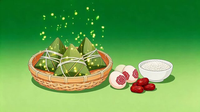 Zongzi in basket with eggs and rice