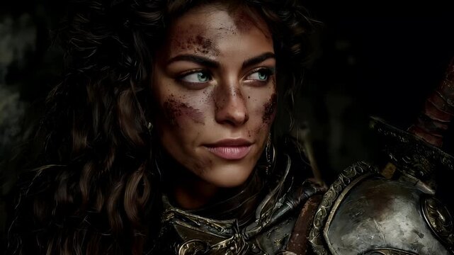 Fantasy wallpaper. A detailed digital artwork depicts a female warrior in a dark, atmospheric setting. She wears ornate, metallic armor with intricate designs and patterns, including a large.