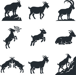 Obraz premium Set of black goat silhouettes in various poses including standing jumping and climbing on rocks for farm or wildlife logo design