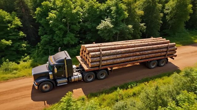 Truck carrying logs on forest road