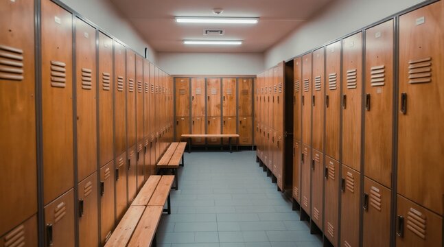 Clean, bright gym locker room features rows of wooden lockers and benches. Empty space with modern design and organised interior offers private storage.