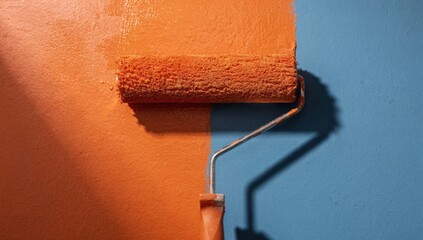 Obraz premium Close-up of an orange paint roller applying a vibrant new color over a blue wall showcasing the dramatic transformation evolution and bold creative energy of home renovation.