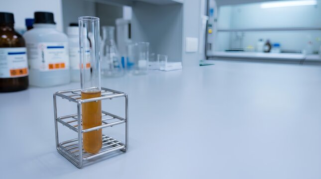 Glass test tube containing legume extract solution standing near the bottom left of a sterile light gray lab bench, large empty right bench area used as negative space.