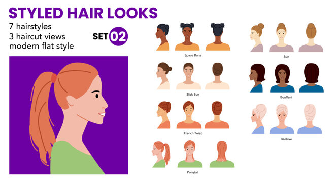 Styled hair looks infographic set with labeled bun, ponytail, french twist, bouffant, beehive and updo hairstyles, modern flat layout for beauty guides and salon education