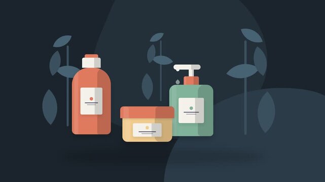 Flat vector illustration of organic skincare products with lotion bottle pump soap and cream jar on botanical background