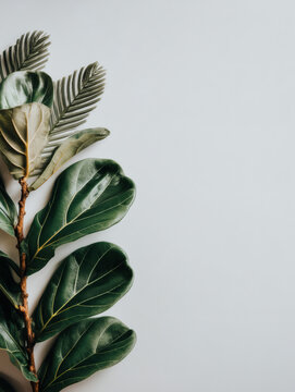 fiddle leaf fig branch with vibrant green leaves extending diagonally across frame isolated on white background with copy space for design and botanical projects fiddle leaf fig, diagonal branch, 