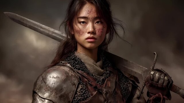 Fantasy wallpaper. A detailed digital artwork depicts a female warrior in a dramatic pose. She holds a long, sharp sword in her right hand and her left hand rests on her hip.