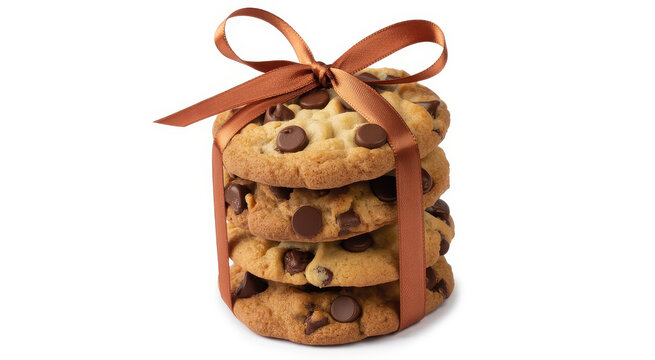 A stack of delicious chocolate chip cookies tied with a brown ribbon isolated on white background