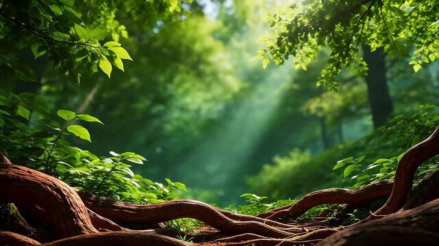 Forest with twisted tree roots and green foliage