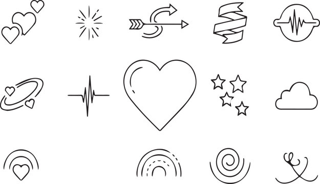 Love Heart Decorative Vector Icons Set with Romance Symbols Rainbows and Creative Elements