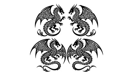 Obraz premium Intricate black and white stylized quartet of mythical dragons, showcasing powerful winged creatures with ornate details, symmetrically arranged for a fantasy-themed graphic design illustration