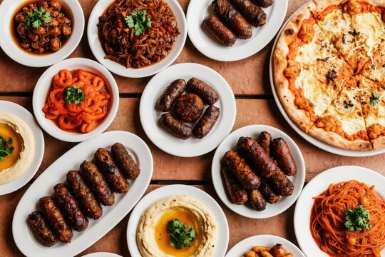 Table laden with Turkish food including pizza, pida, kebabs, and hummus. Various dishes served in restaurant setting from top view. Enjoying diverse Middle Eastern meal.