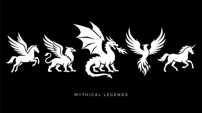 Set of stylized mythical creatures dragon, griffin, pegasus, phoenix, and unicorn, presented as striking silhouettes for fantasy themes and legendary lore
