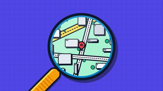 Flat Illustration of a Magnifying Glass Zooming into a City Map with Red Location Pin for Local Search and Navigation Concepts