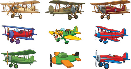 Colorful vintage cartoon airplane set with retro biplanes propeller aircraft and aviation illustration collection © MdHasan