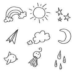 Naklejka premium Set cute hand-drawn sky and weather doodles including sun, moon, stars, cloud, rainbow, and rain in simple black line style.