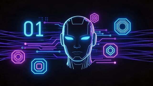 Neon glowing robot head with circuit design