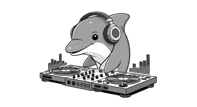 A grayscale illustration of a cartoon dolphin wearing headphones, positioned behind a DJ mixing console. Two equalizer bars stand on either side