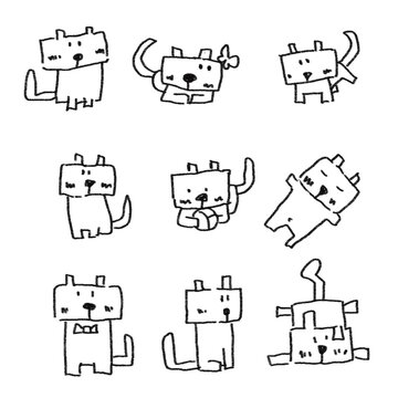 Set cute hand-drawn dog doodle set in playful poses, simple black line style perfect for stickers, kids design, and creative projects.