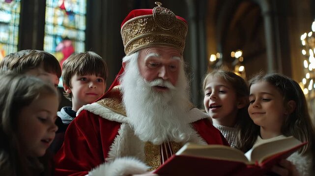 Saint Nicholas reads festive story from red book to curious young children in ancient church during winter holiday tradition.
