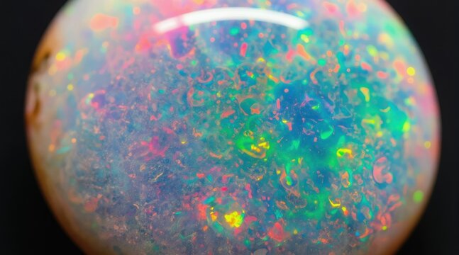 Close-up of bright opal sphere with flashing colors. Light shines through stone revealing iridescent play. Unique mineral surface looks abstract.
