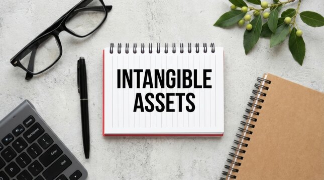 Intangible assets concept depicted with a notebook pen glasses keyboard and green plant sprigs on a textured surface