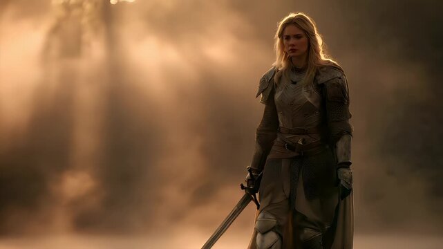 Fantasy wallpaper. A dramatic portrayal of a warrior in a fantasy setting. The warrior, with long blonde hair, stands in a contemplative pose, holding a long, slender sword. She wears ornate armor.