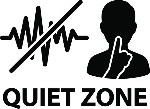 Quiet zone vector silence requested sign with shushing person and sound wave