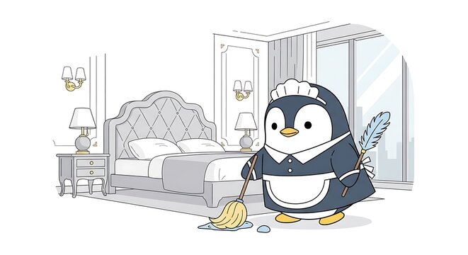 A cute cartoon penguin in a maid's uniform is cleaning a hotel room with a mop and a feather duster. The room features a bed