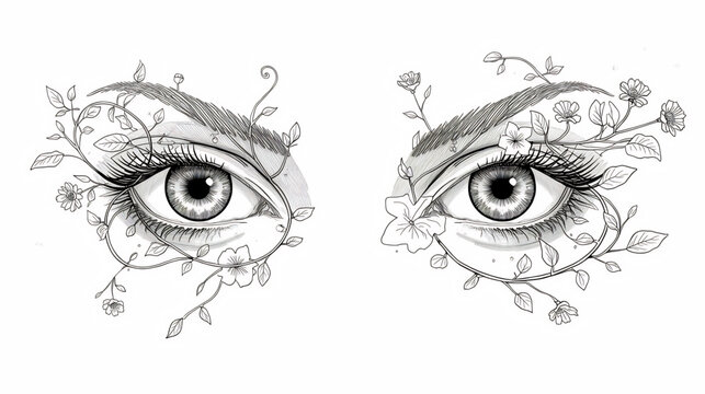 Eyes Bloom with Nature: A close-up view of a pair of eyes adorned with delicate floral details, blending the beauty of human features with the essence of nature.